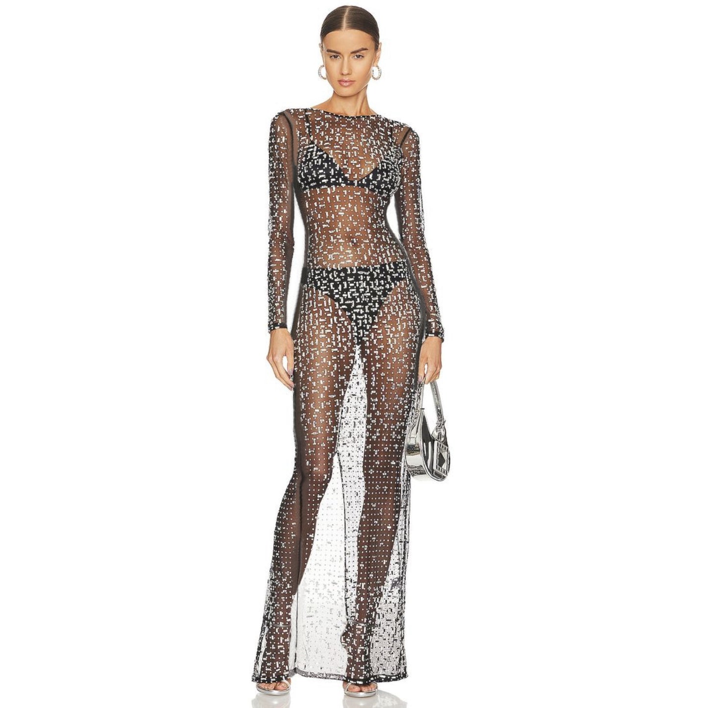 Fashionable Sexy Rhinestone Mesh Long Sleeve Dress