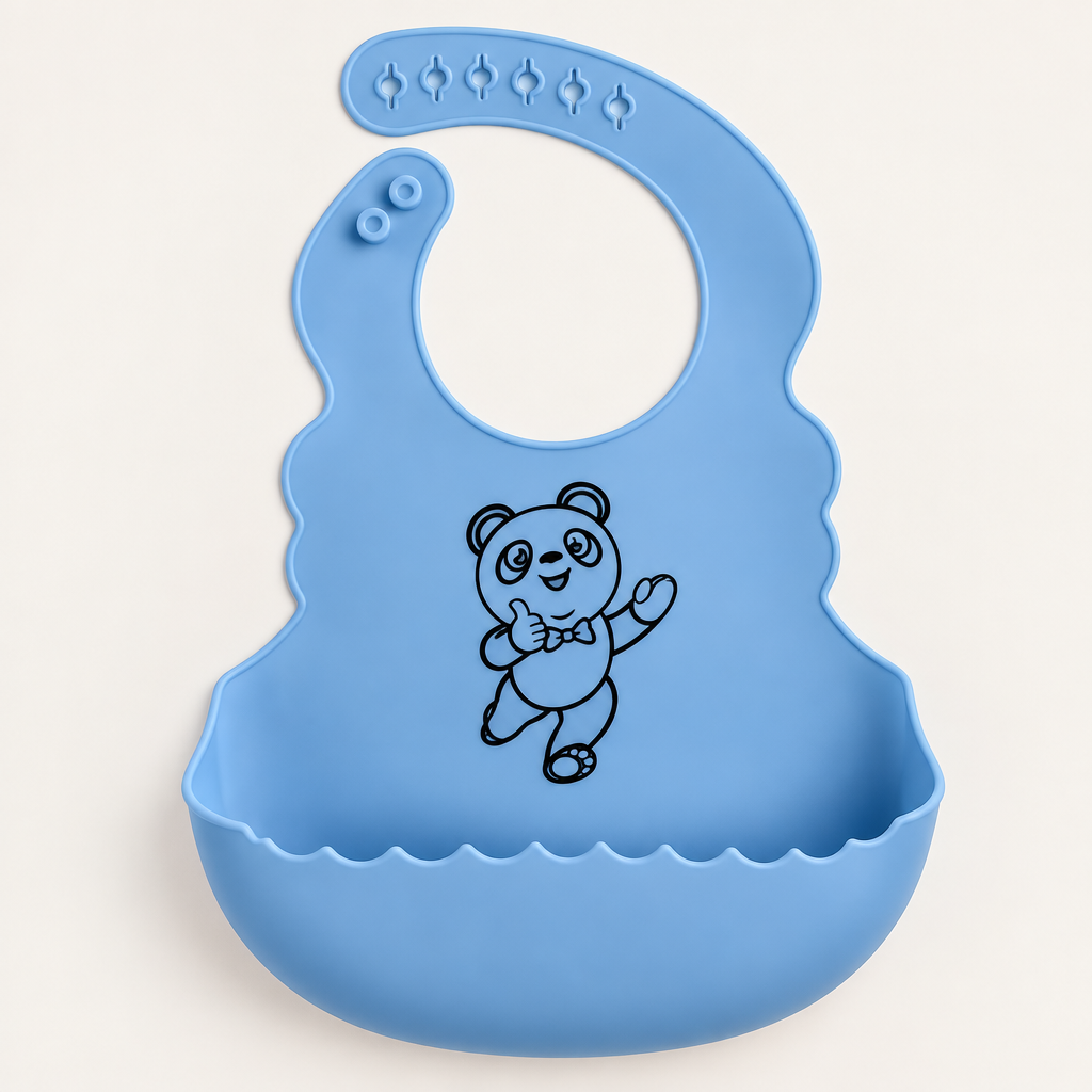 Close-up of black outline-only panda print on blue silicone baby bib