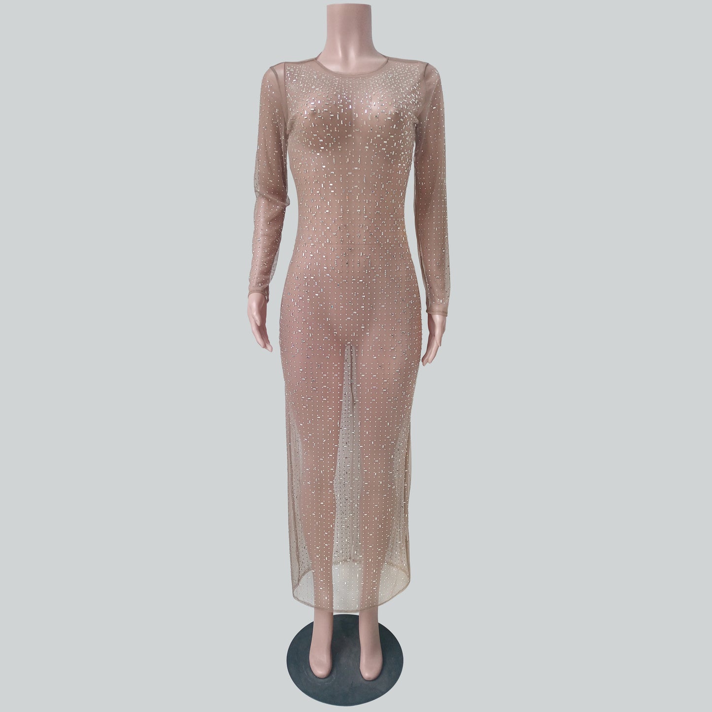 Fashionable Sexy Rhinestone Mesh Long Sleeve Dress