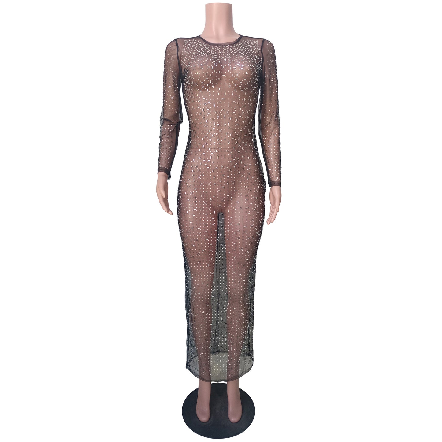 Fashionable Sexy Rhinestone Mesh Long Sleeve Dress