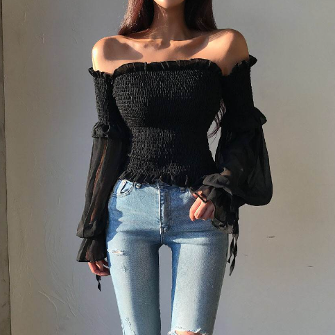 One-Shoulder Mesh Top with Beaded Bell Sleeves