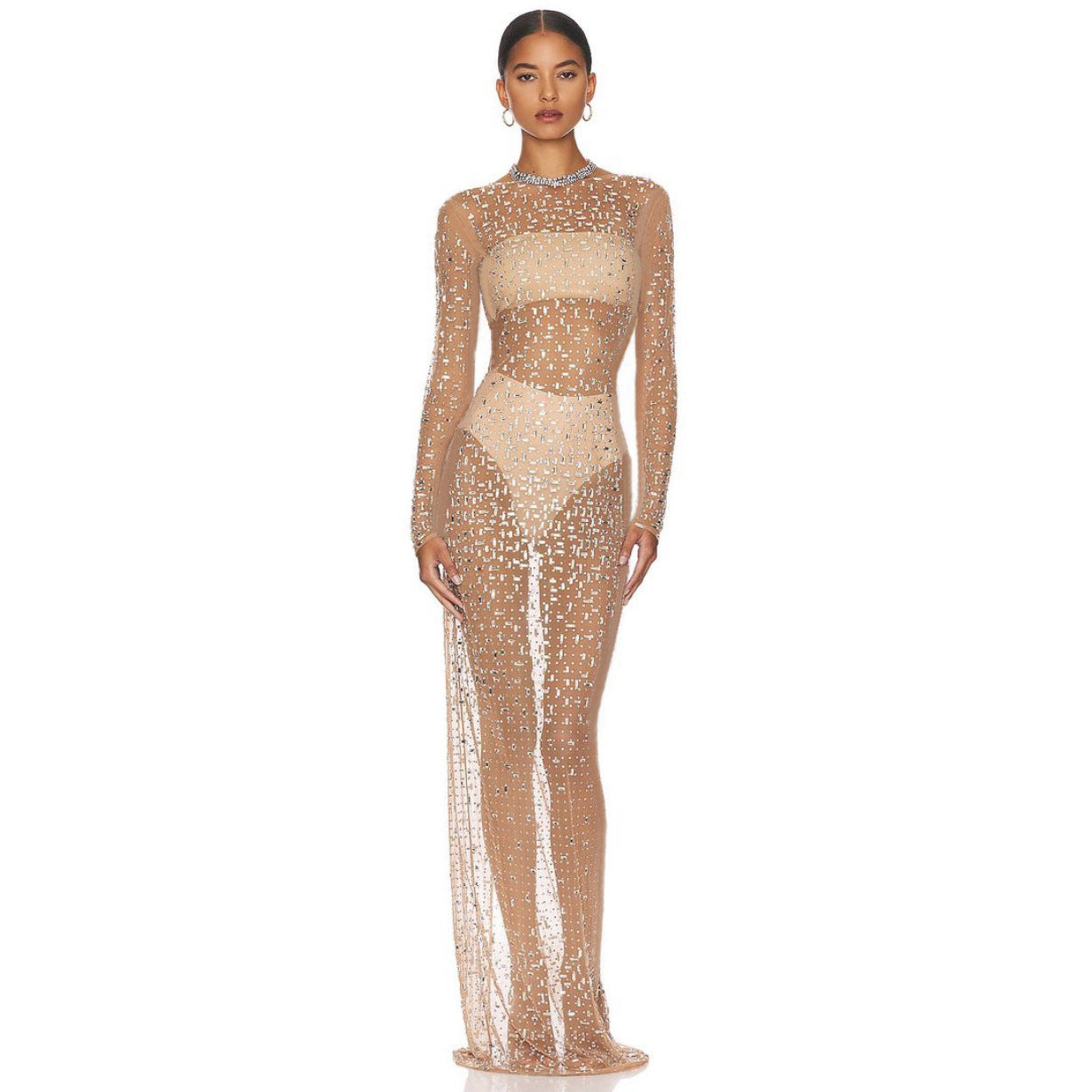 Fashionable Sexy Rhinestone Mesh Long Sleeve Dress