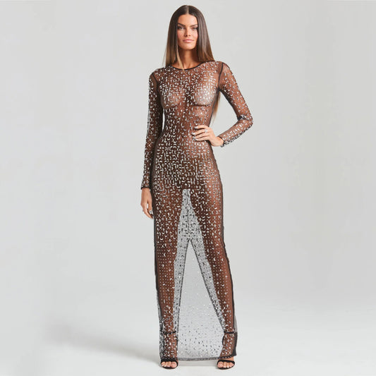 Fashionable Sexy Rhinestone Mesh Long Sleeve Dress