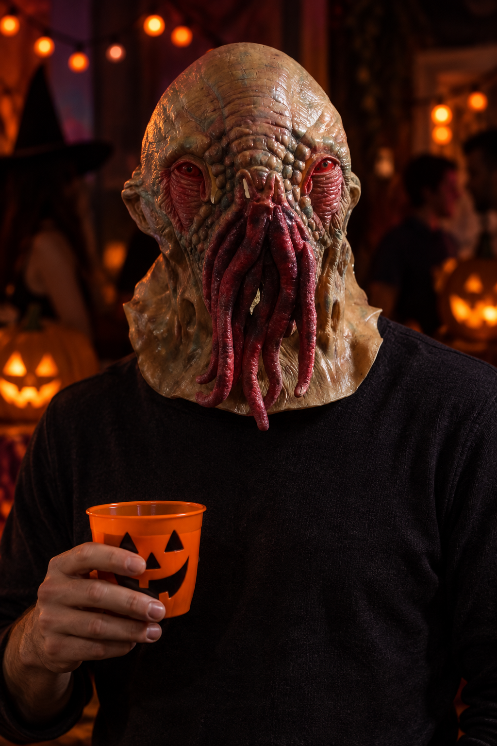 Adult model wearing the mask at a Halloween party