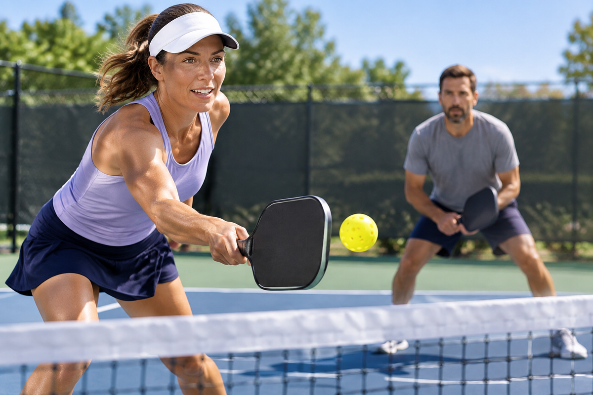 Adults playing pickleball with the ball in view