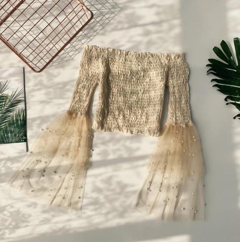 One-Shoulder Mesh Top with Beaded Bell Sleeves