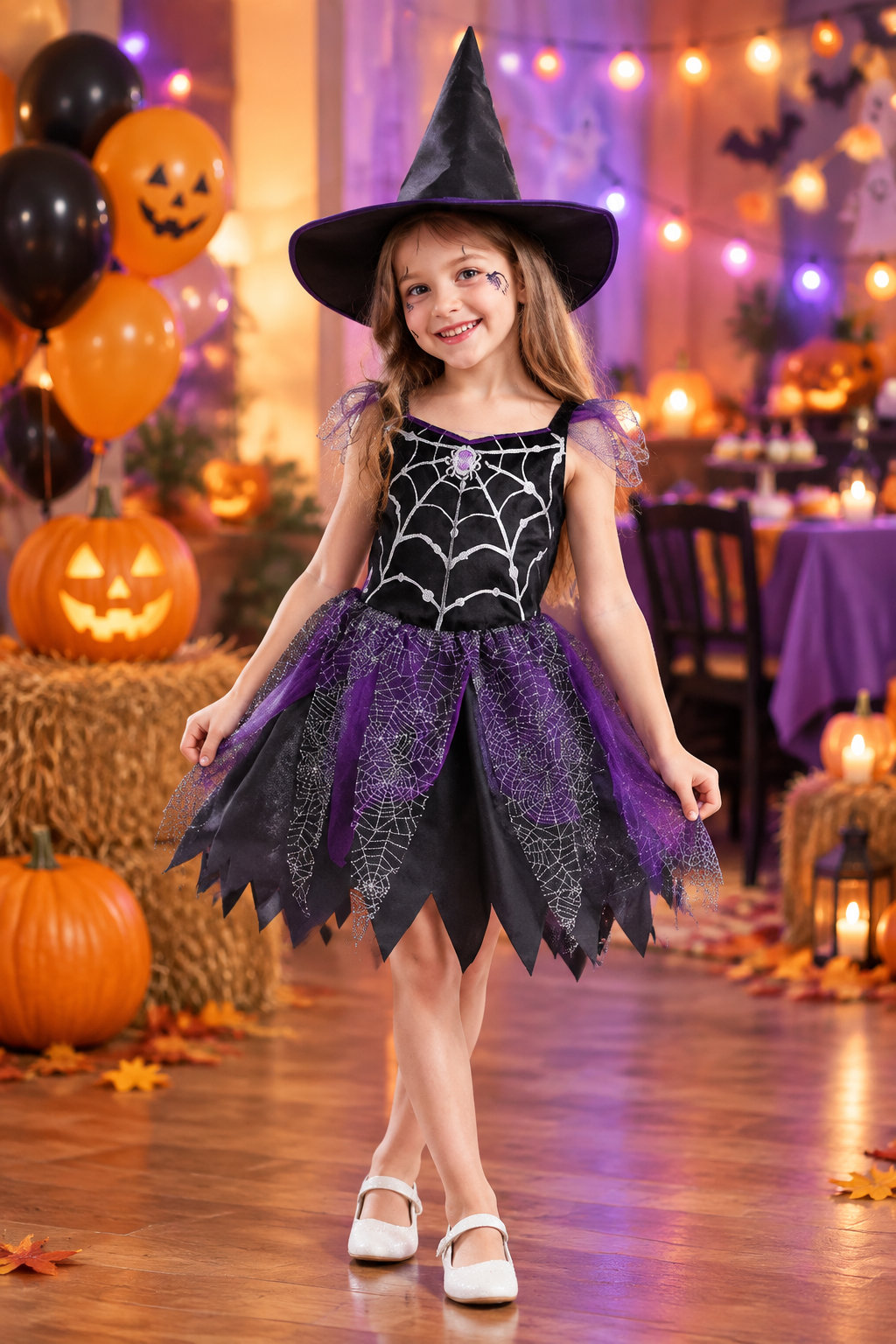 Child wearing the witch costume at a Halloween party