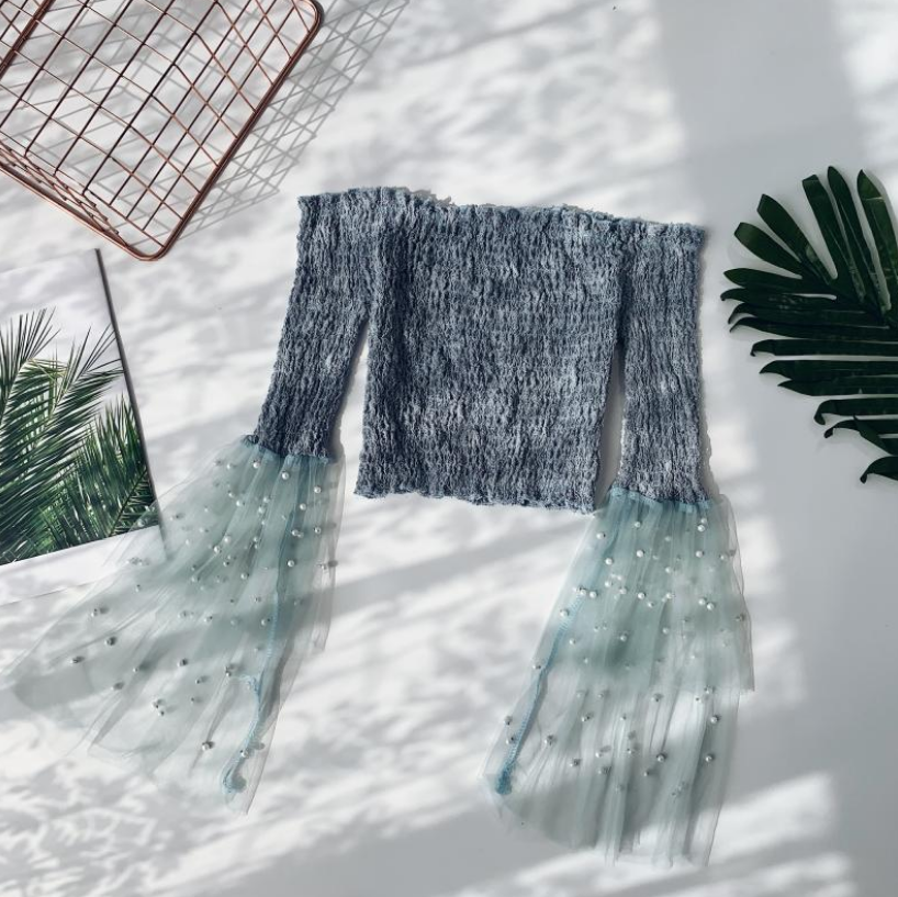 One-Shoulder Mesh Top with Beaded Bell Sleeves