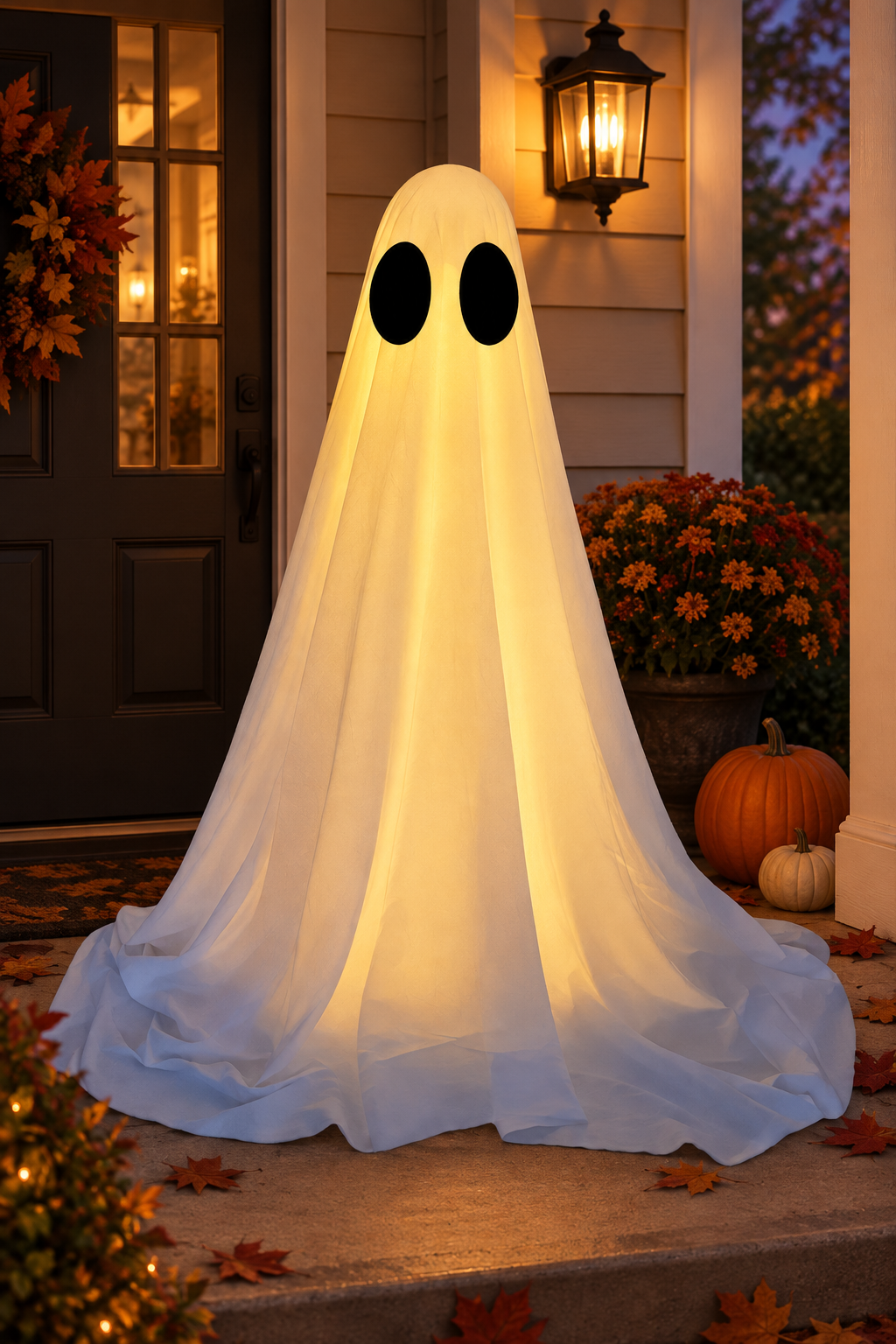 Ghost decoration on a front porch