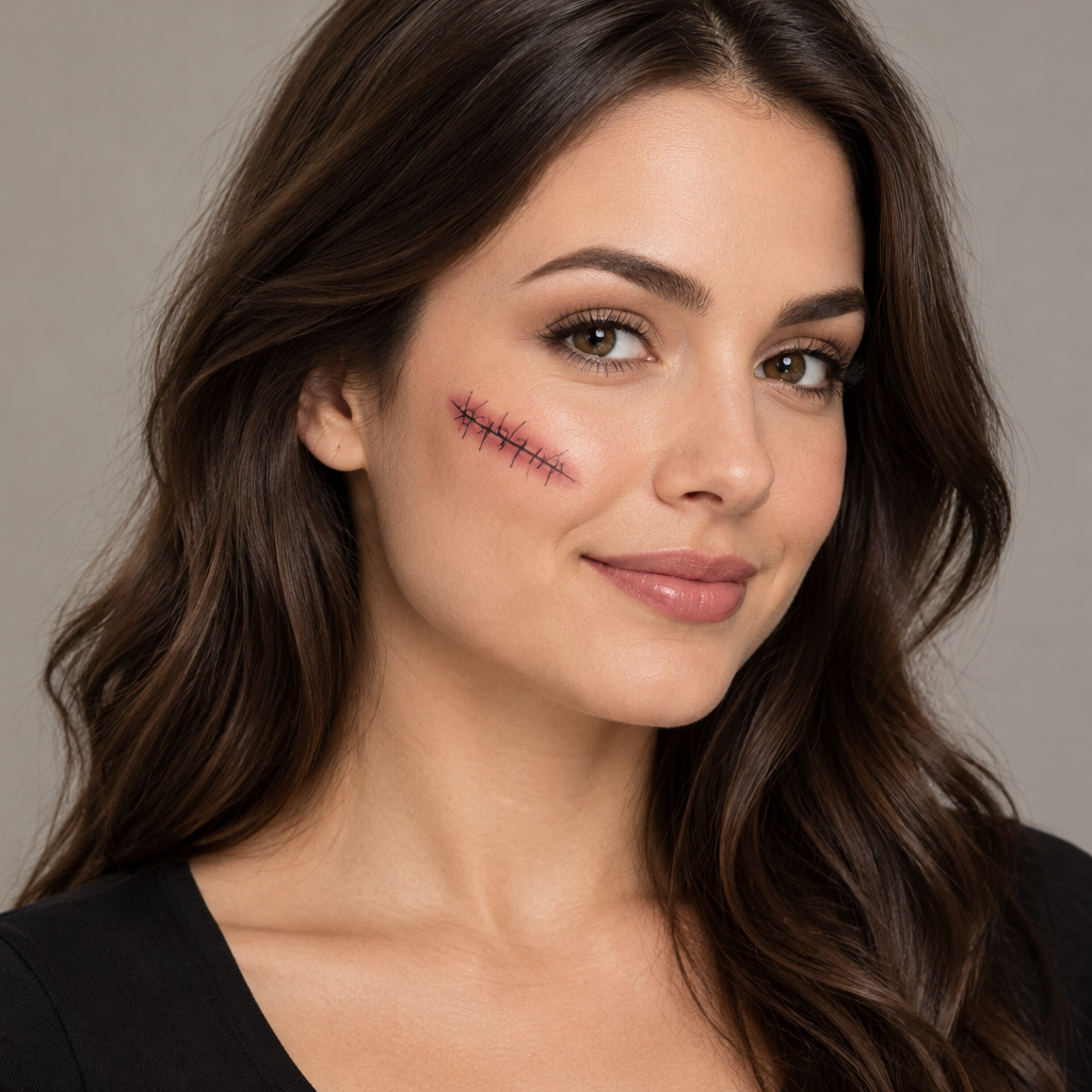 Halloween scar sticker worn on an adult model’s cheek