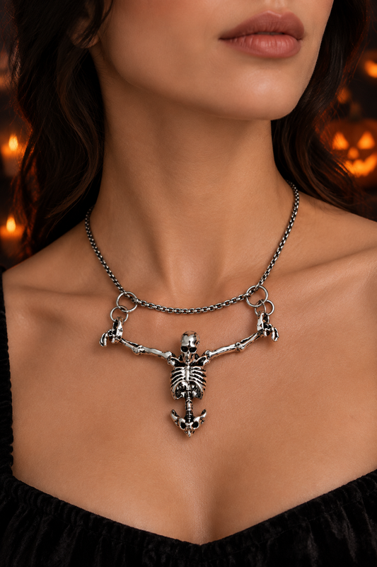 Halloween skull necklace worn by an adult model