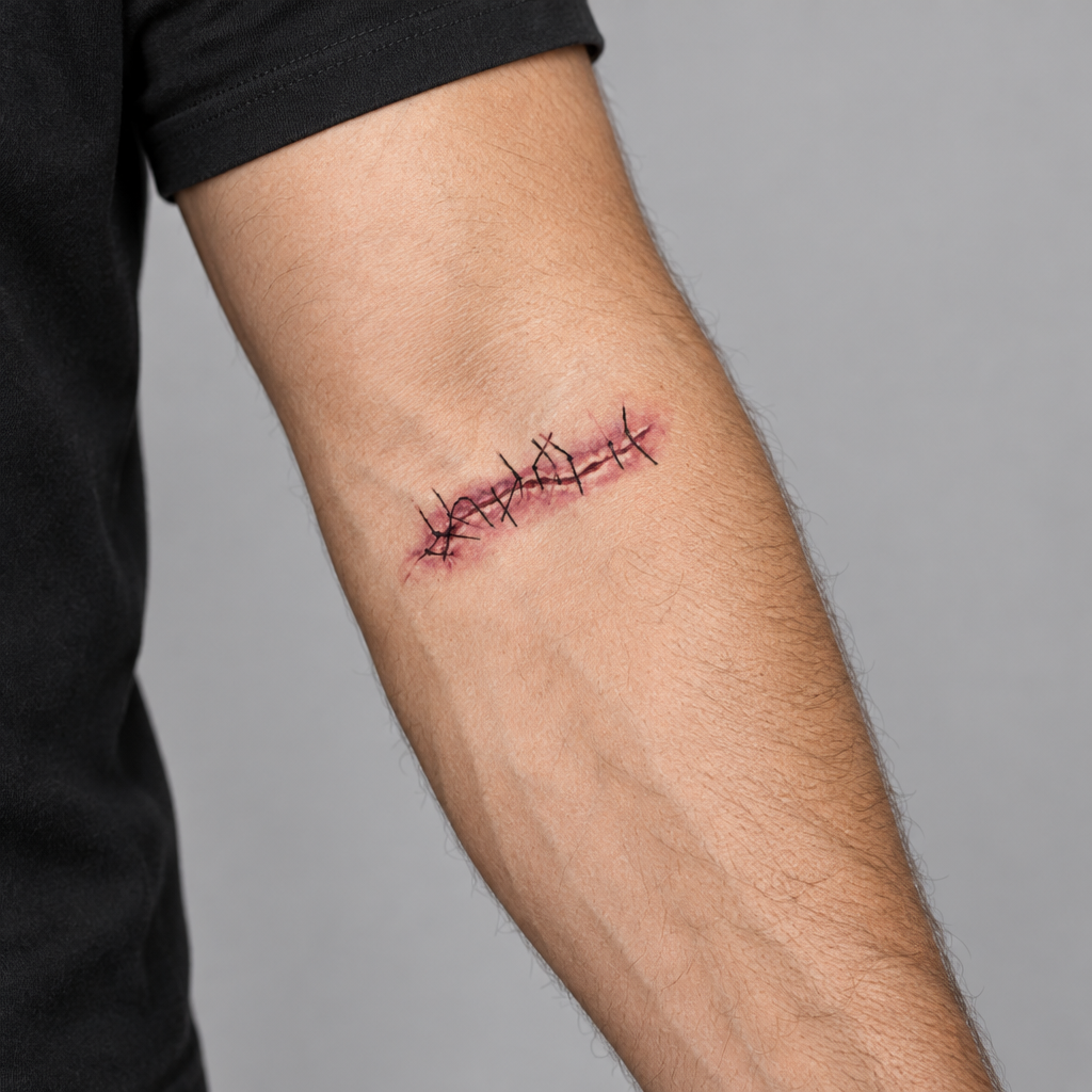 Halloween stitched-scar temporary tattoo on an adult forearm