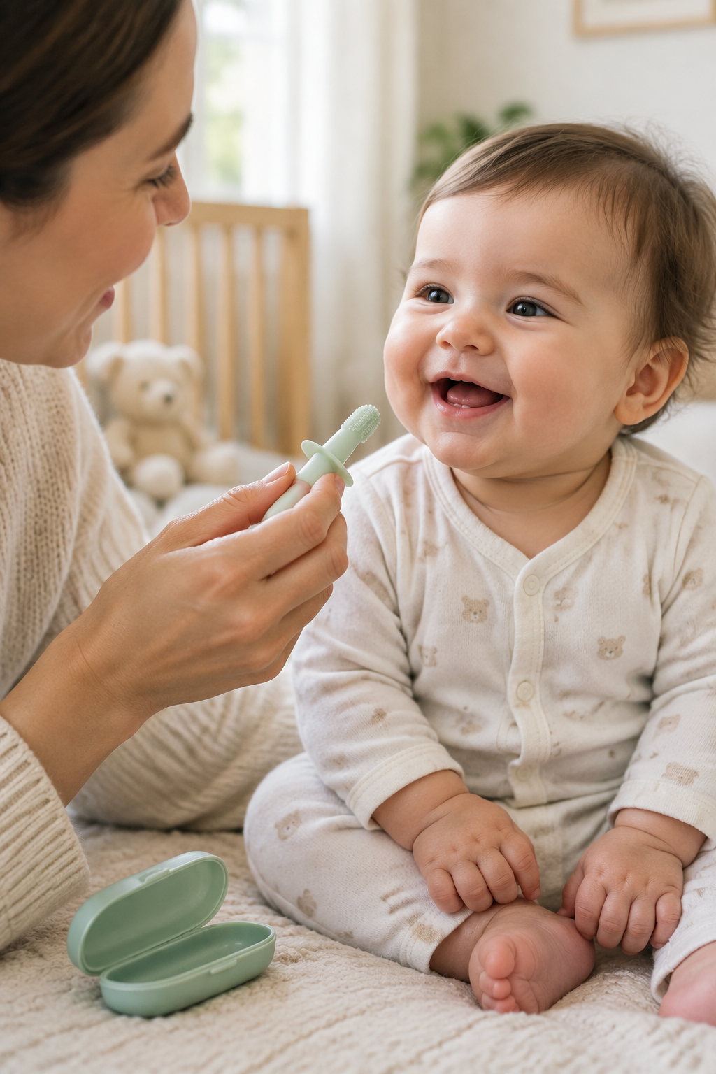 Parent supervising a baby oral care routine with a silicone cleaning brush