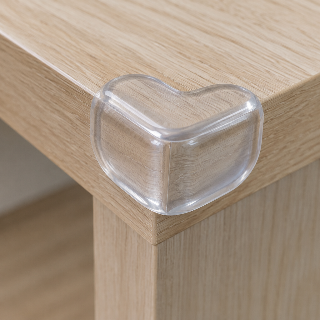 Close-up of a transparent soft PVC furniture corner protector