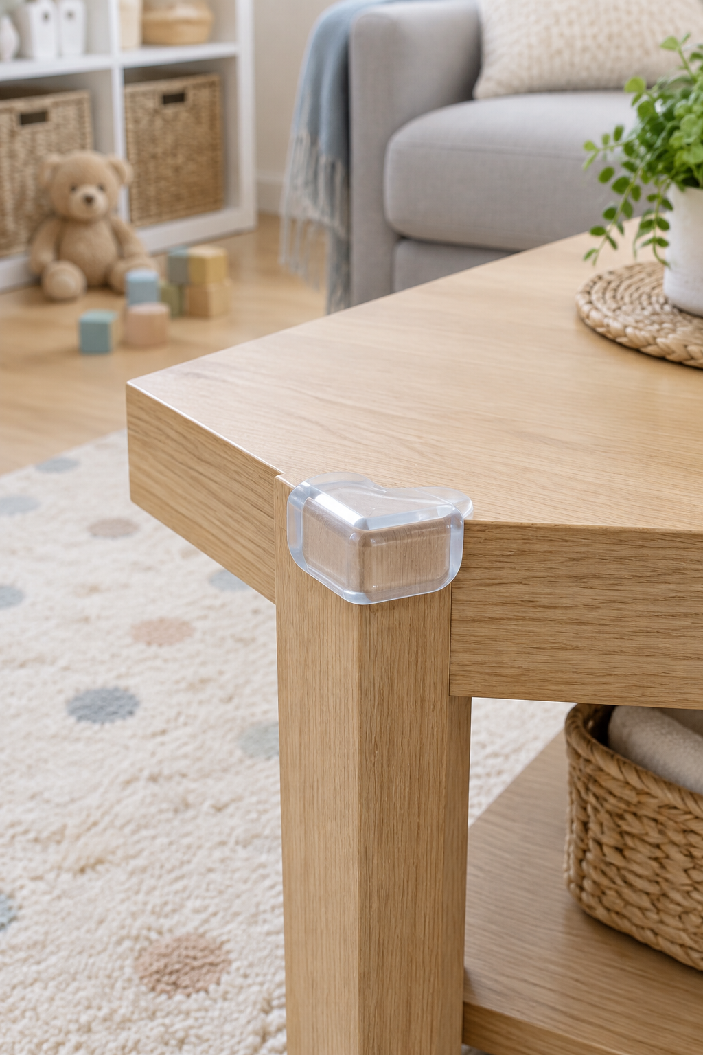 Transparent babyproofing corner protector fitted to a wooden table
