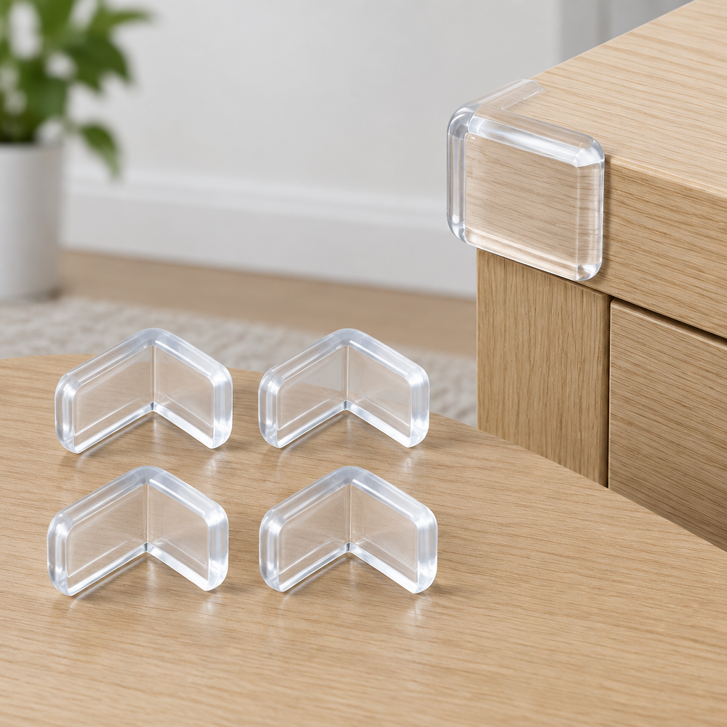 Four transparent babyproofing corner protectors beside furniture