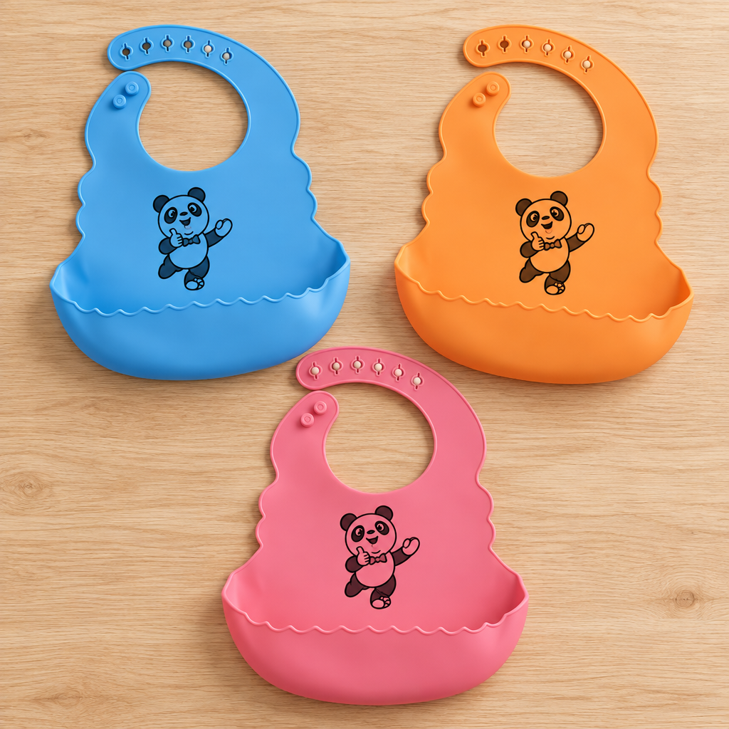Blue orange and pink silicone baby bibs with black outline-only panda prints