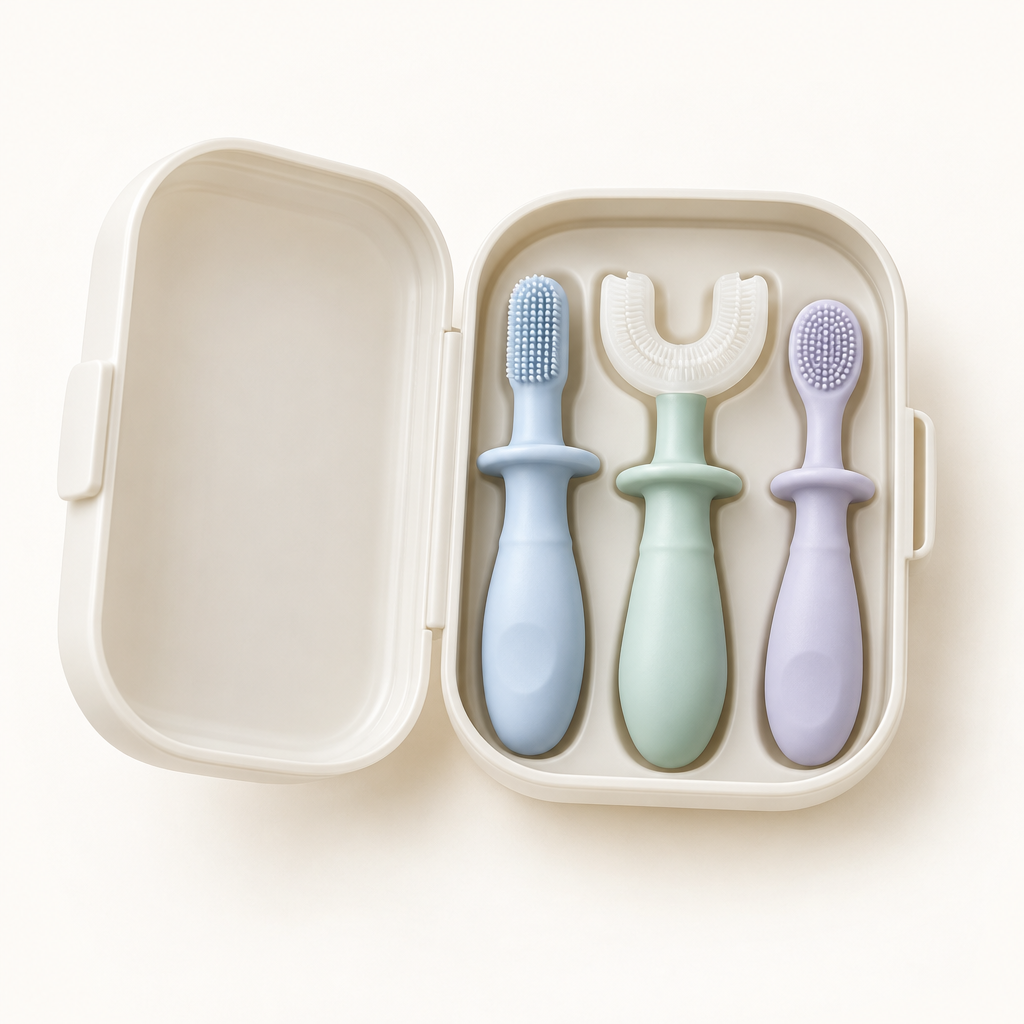 Baby oral cleaning set with three silicone brushes and storage case
