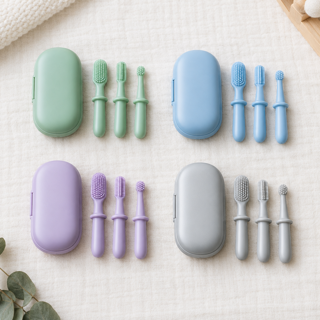 Green blue purple and silver baby oral cleaning sets