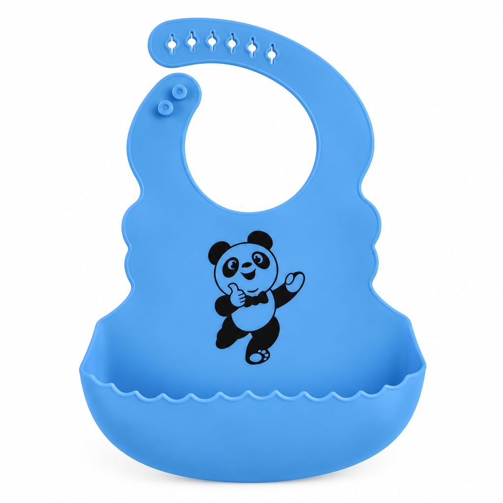 Blue food-grade silicone baby bib with black outline-only panda print