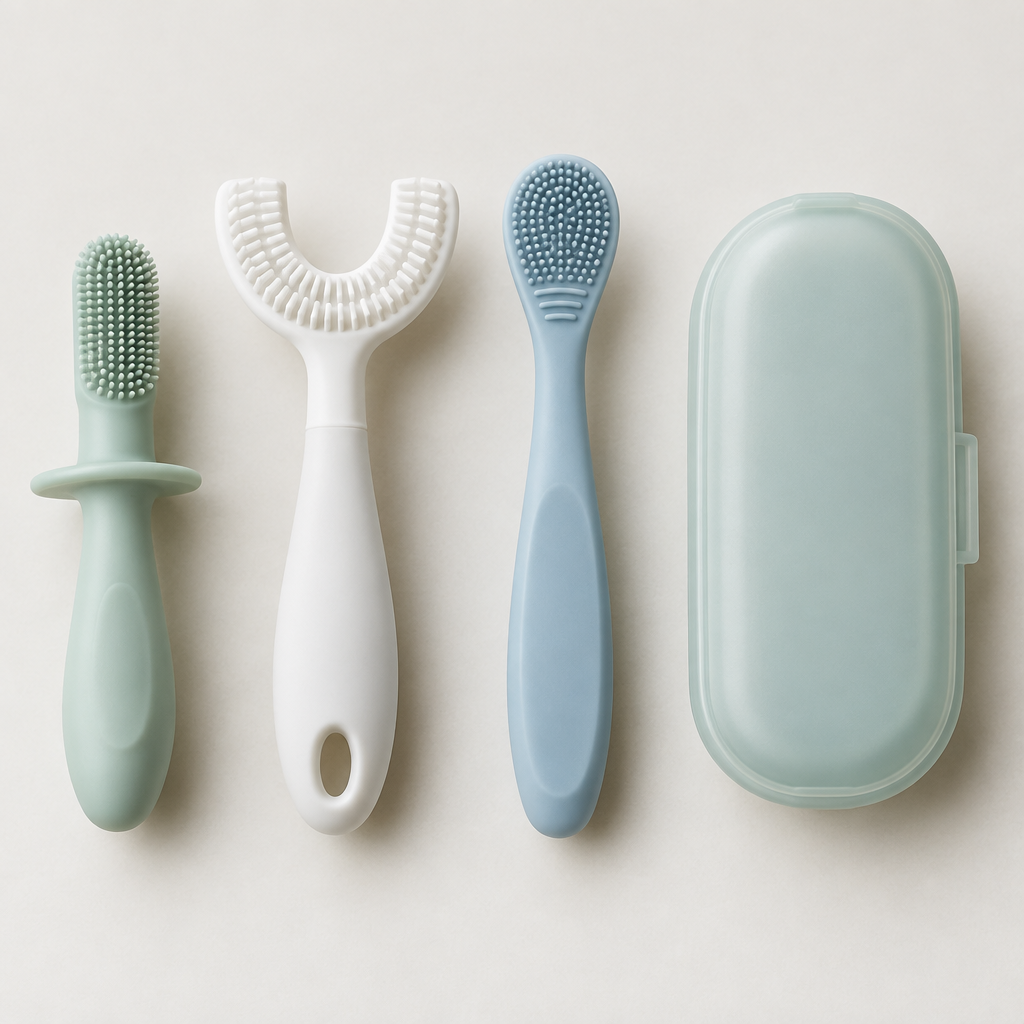 Three silicone baby oral cleaning brushes with storage case