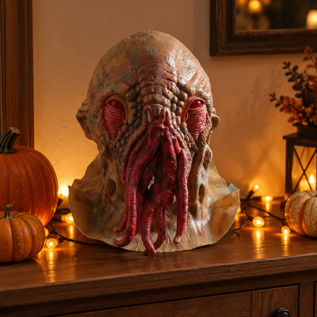 Mask displayed in a Halloween home setting