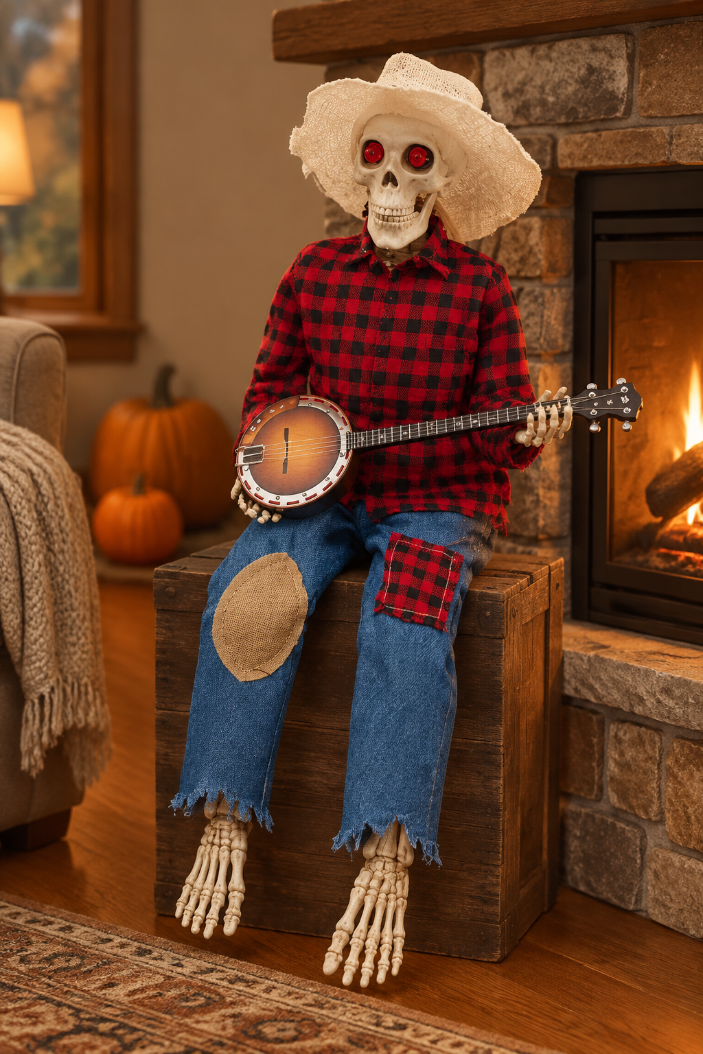 Skeleton banjo decoration in a cosy living room