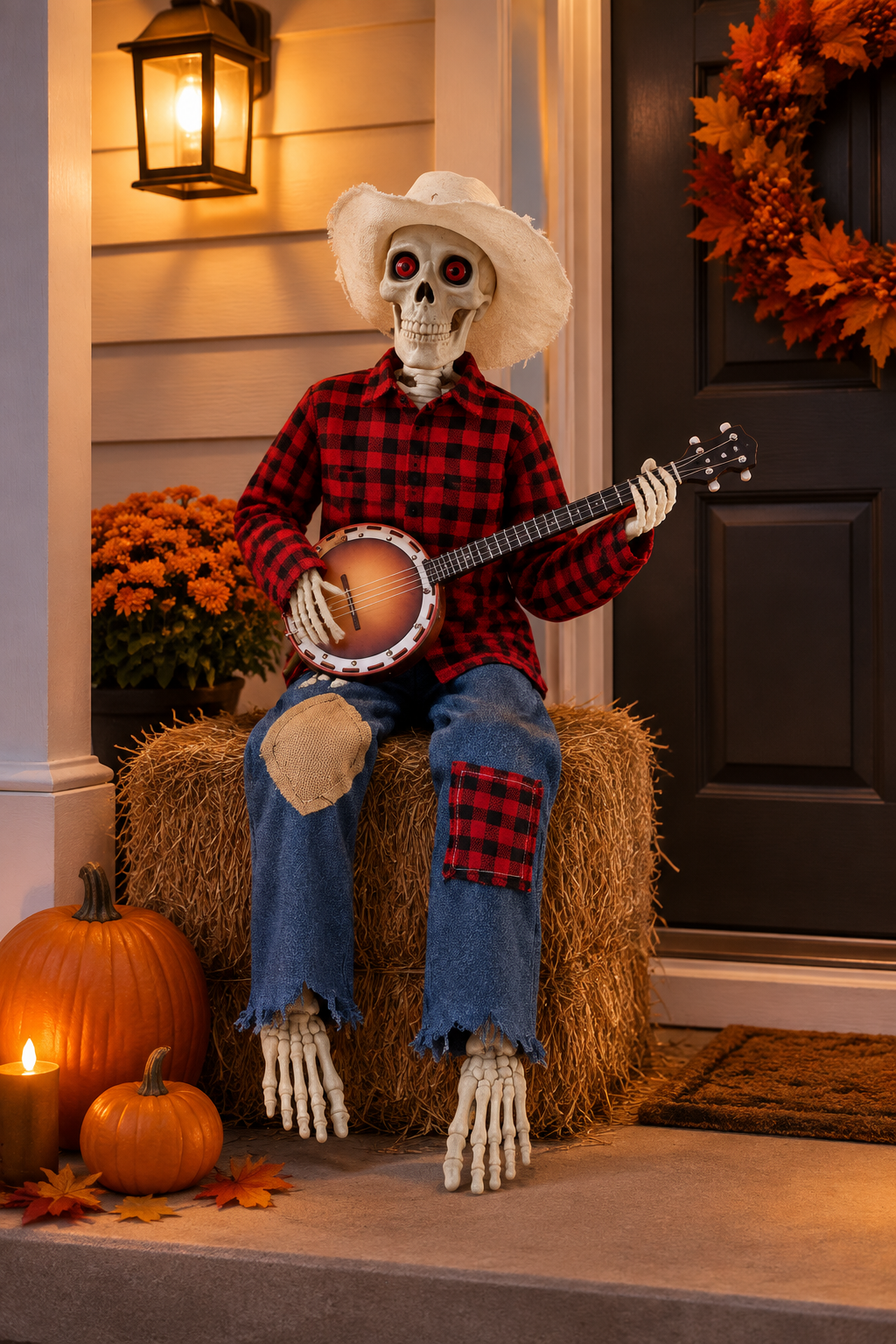 Skeleton banjo decoration on a Halloween porch