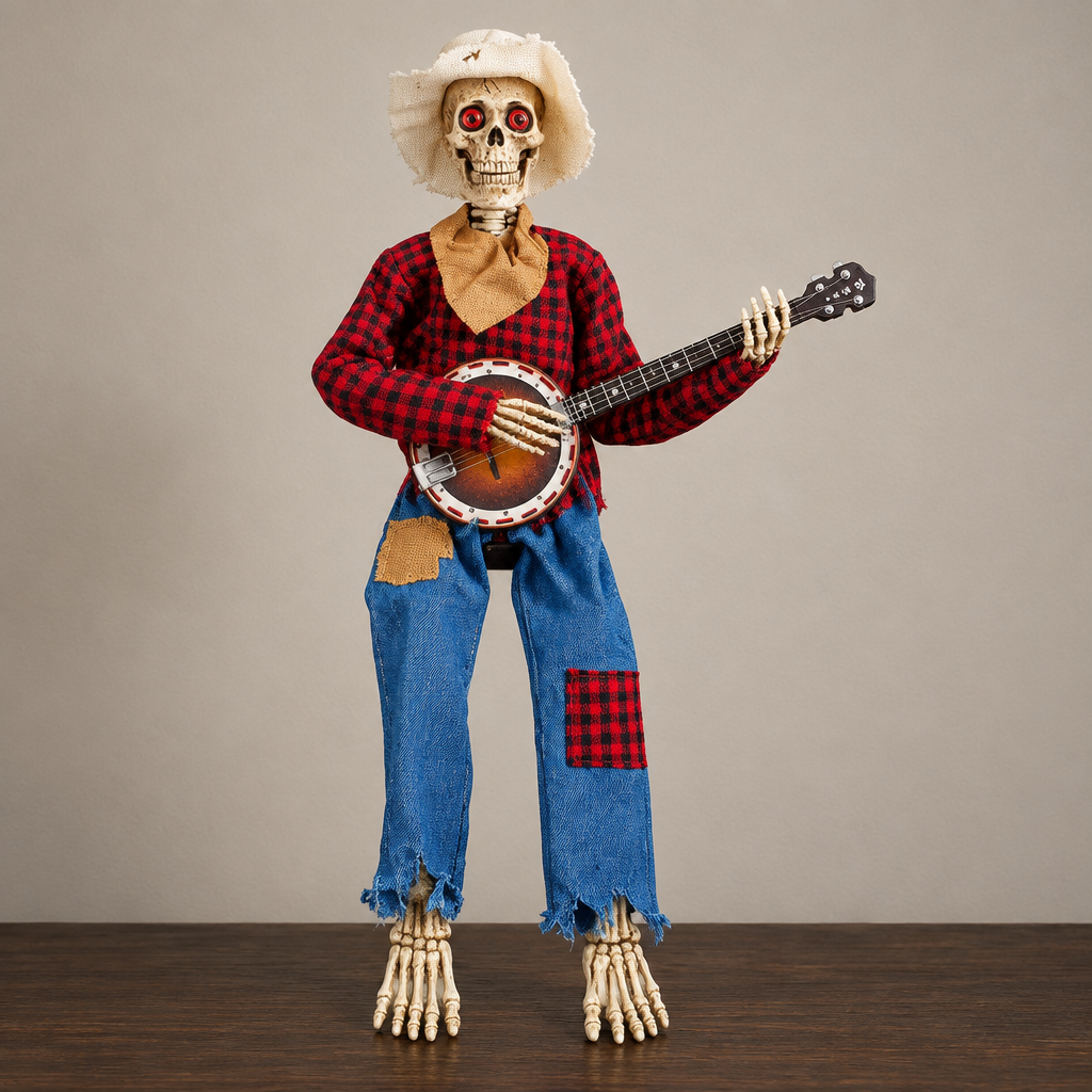 Skeleton banjo decoration on a wooden table