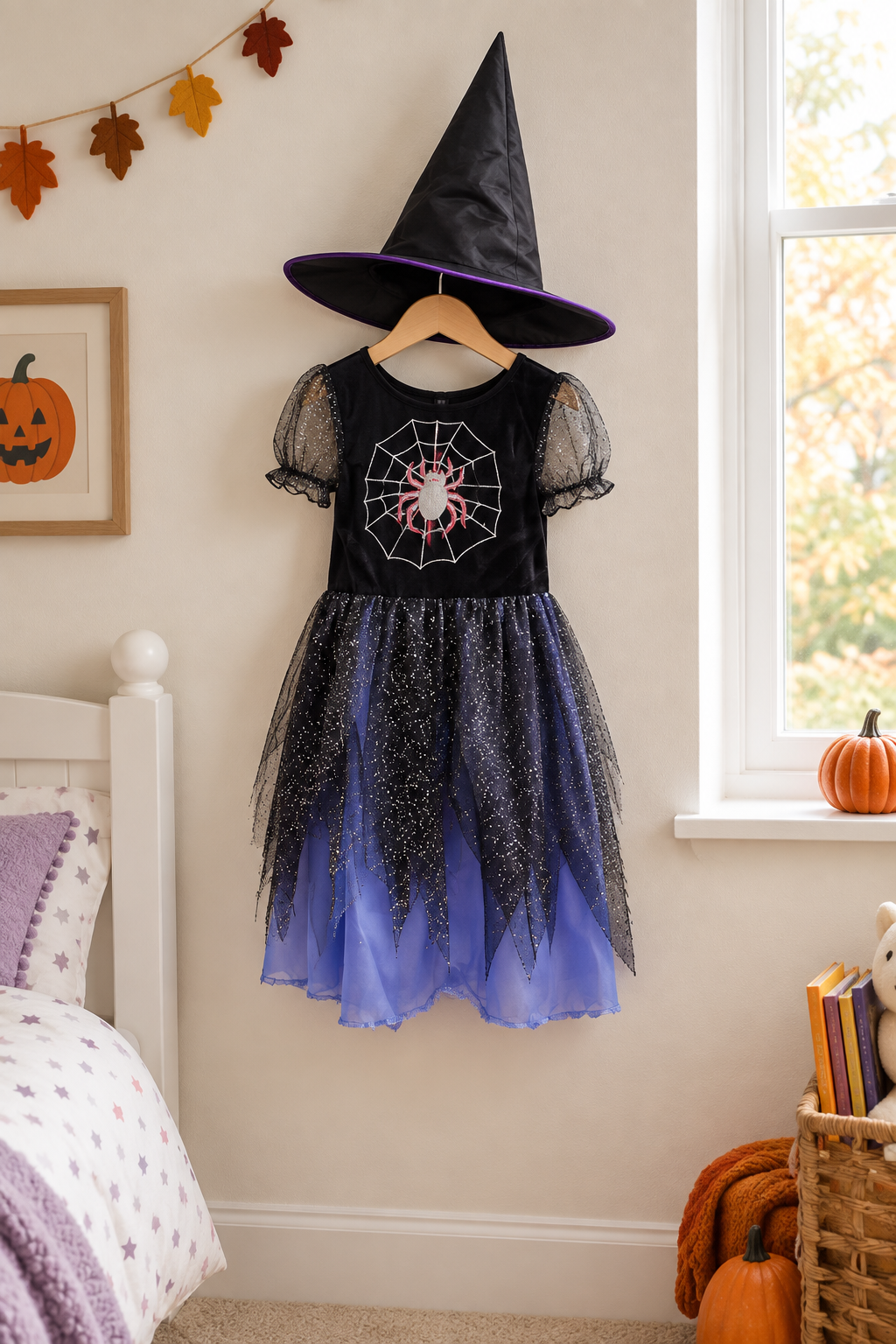 Witch costume hanging in a child’s room