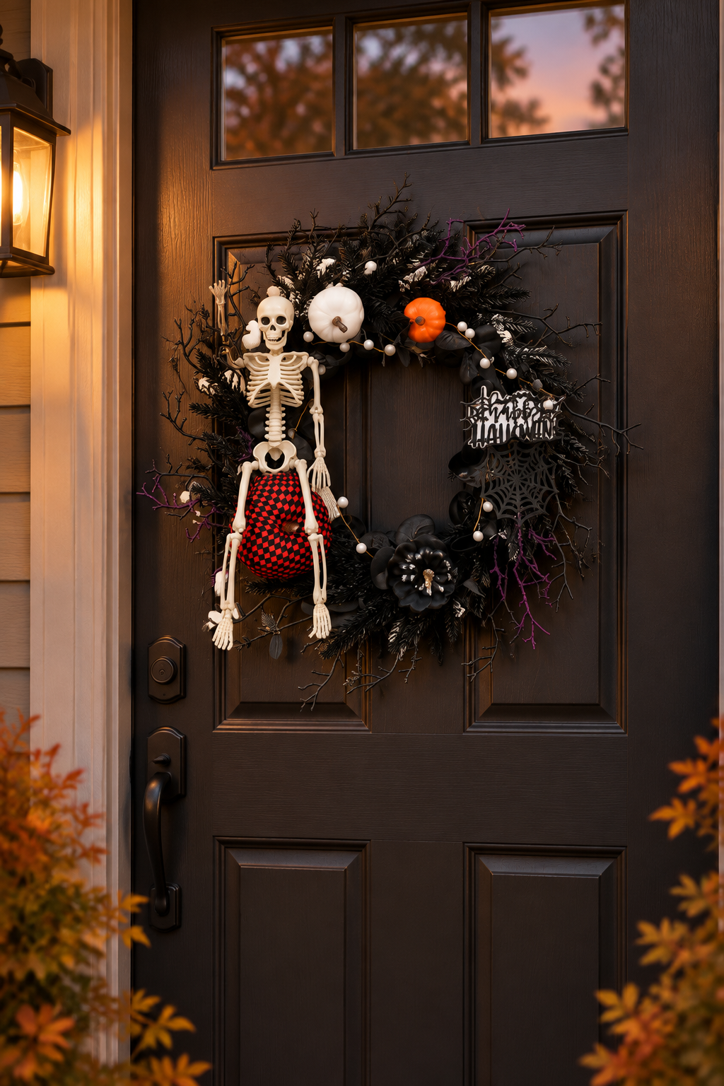 Wreath on a porch at dusk